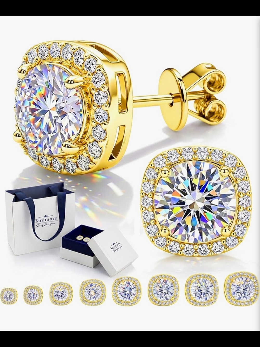 Men/Women Gold 2.4 Carats Moissanite Halo Stud Earrings 7mm